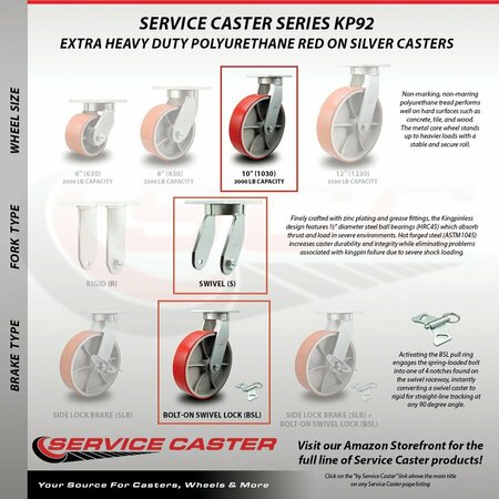 Service Caster 10'' Heavy Duty Red Poly on Cast Iron Caster Set with Swivel Locks , 4PK CRAN-SCC-KP92S1030-PUR-RS-BSL-4